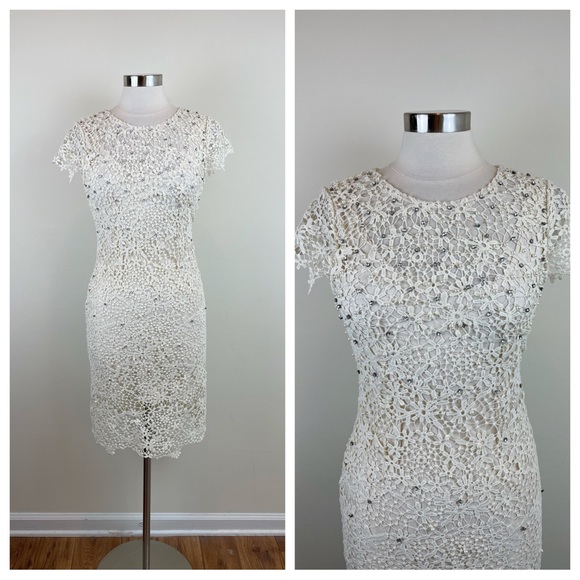 Snidel Pearl Rhinestone Cream Floral Lace Dress Women Medium - Picture 1 of 7